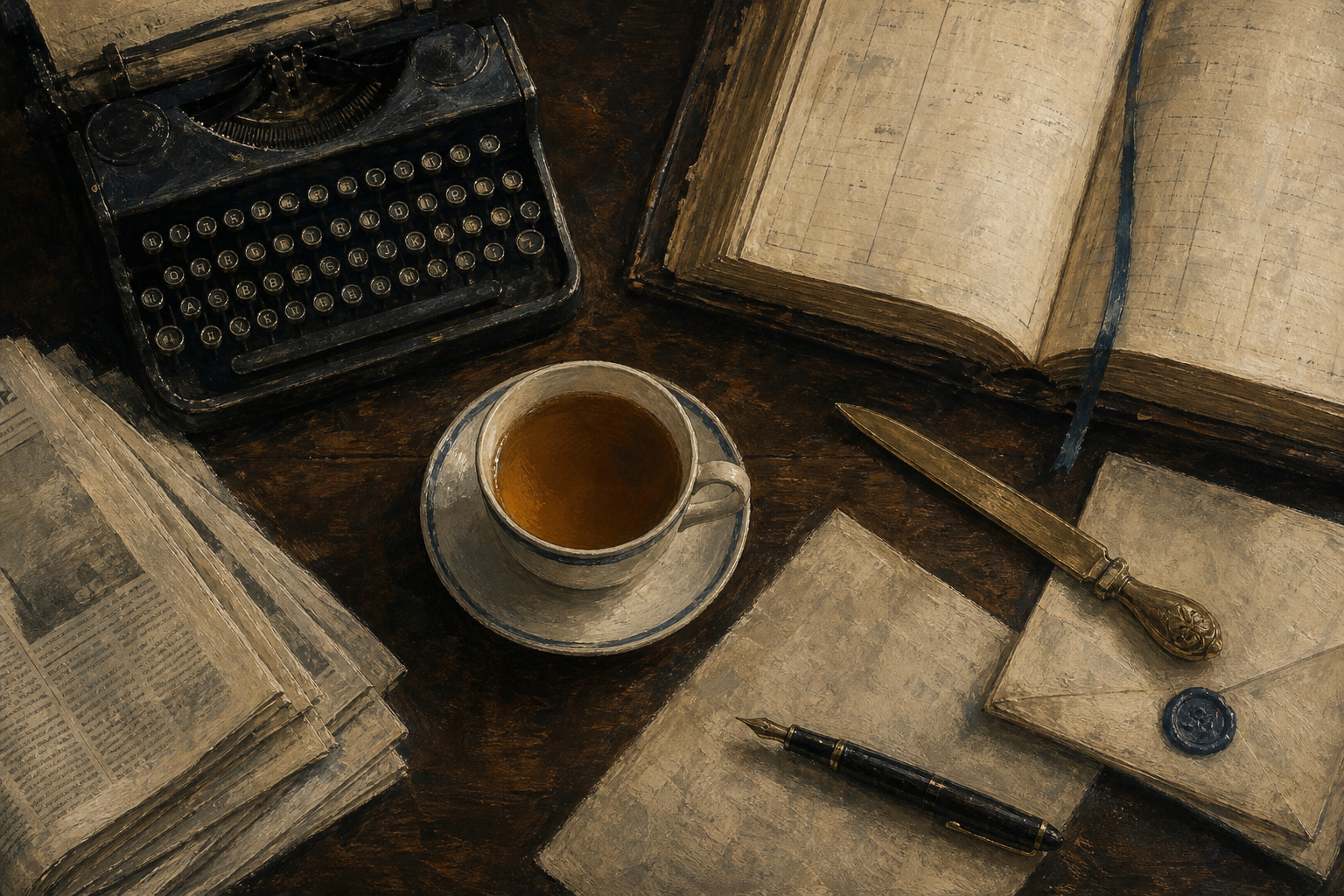 An editor's desk, painterly still-life — a typewriter, folded broadsheet, fountain pen, brass paper-knife, sealed letter with a deep-blue wax seal, leather-bound ledger.