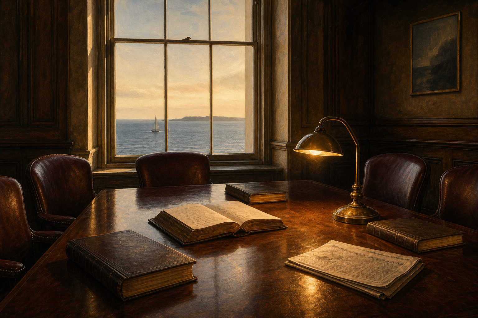 A Channel Islands partners' boardroom at golden hour — a long polished walnut table, oxblood leather chairs, oak-panelled walls, a brass desk-lamp, a tall sash window framing a slate-blue bay.