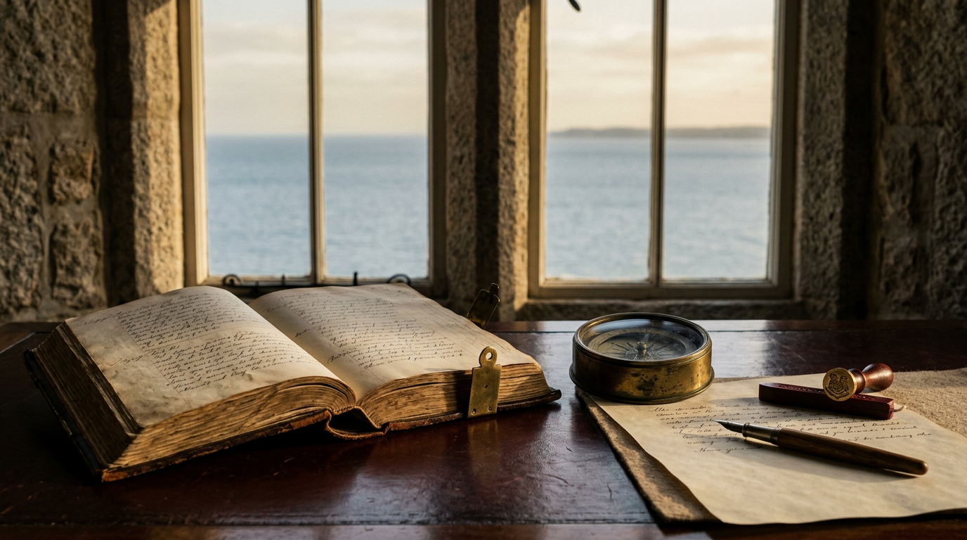 An open ledger, brass compass, fountain pen, and sealing wax on a Channel Islands desk by a window opening onto the Channel.