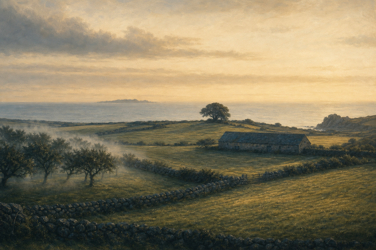 Ordered farmland at first light — rolling fields, stone hedgerow boundaries, a long slate-roofed barn, the sea on the horizon.
