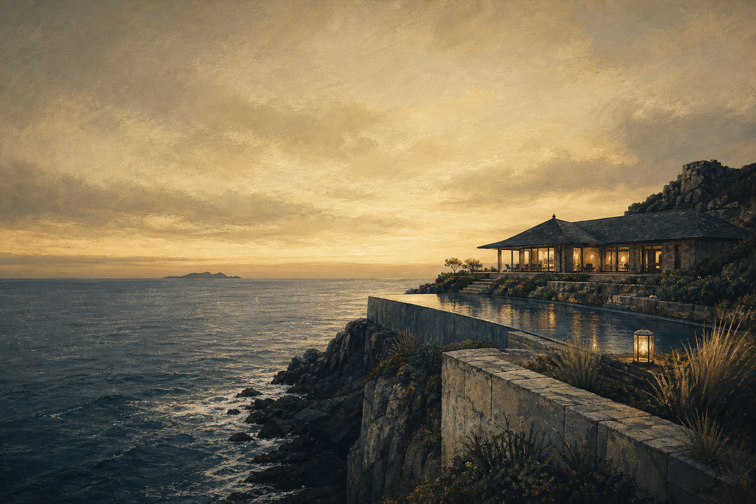 A boutique cliff-edge eco-resort at golden hour on a Channel Islands headland — slate roofs, infinity pool over an Atlantic bay.