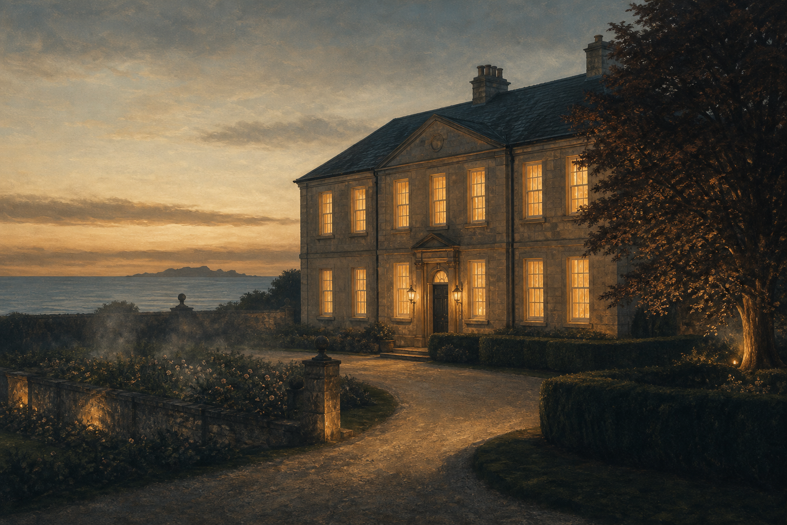 A restored Georgian manor on a Channel Islands estate at dusk — honey-coloured limestone, slate roof, lit sash windows.