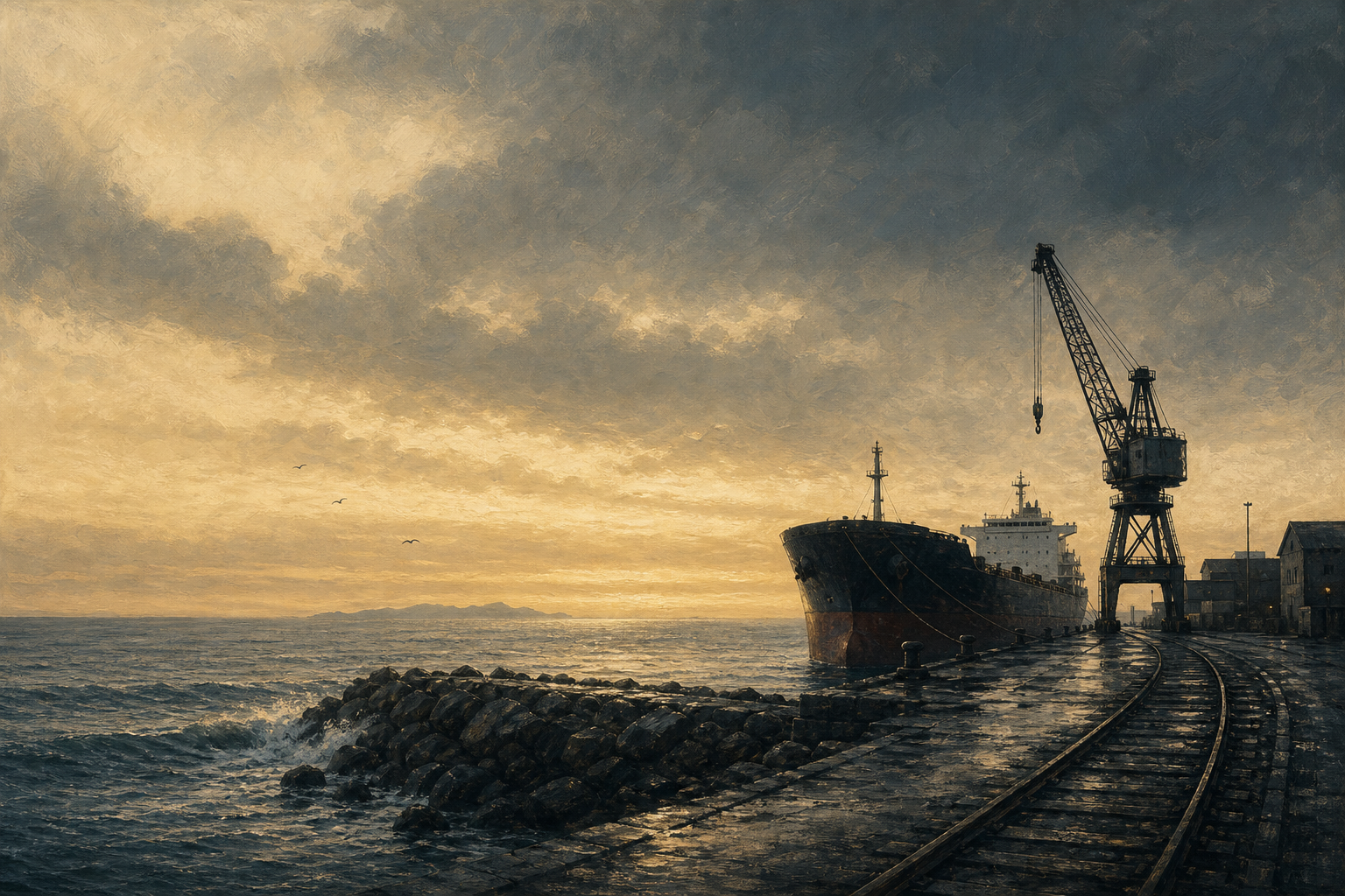 A working regional harbour at dawn — dockside crane silhouetted, bulk carrier at the quay, rail track curving along the waterfront.