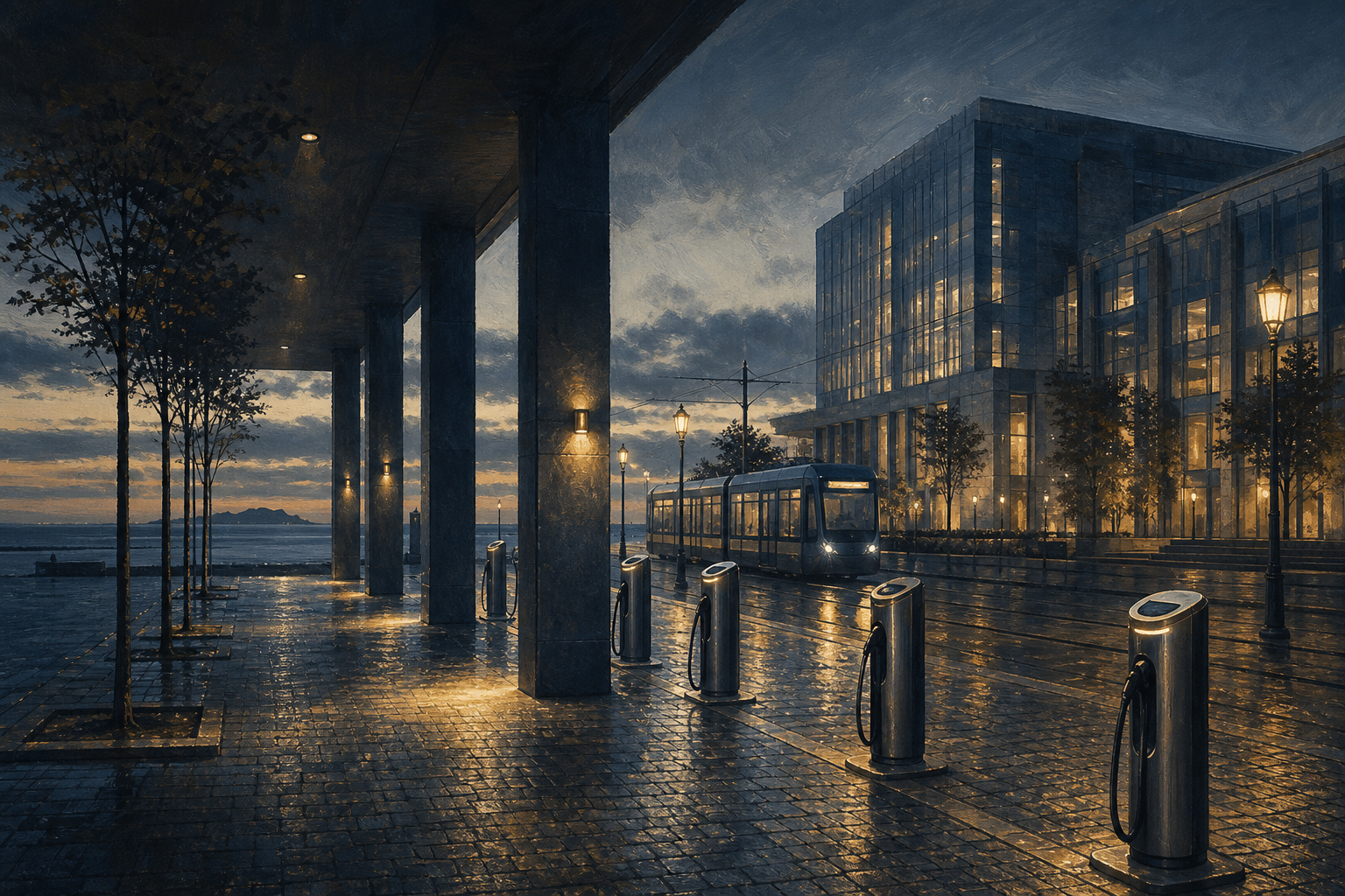 A quietly-lit urban plaza at blue hour — slate columns, EV charging bollards, wet cobblestones, brass-toned streetlamps.